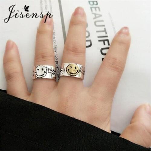 Jisensp Retro Fashion Width Party Rings Punk Creative Smiling Face Opening Ring for Women Men Adjustable Birthday Jewelry Gift