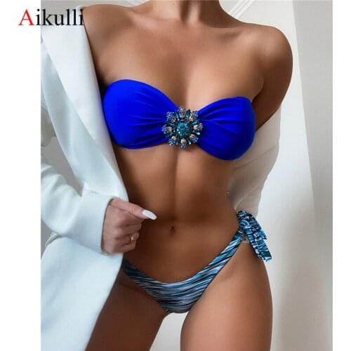 2021 New Bikinis Swimsuit Women Sexy Strapless Tube Top Swimwear Summer Beach Bikini Set Swimming Bather Bathing Suits Swim Blue