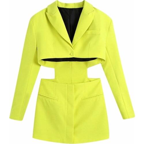 Evfer Women Summer Fashion Open Waist Za Yellow Mini Dresses Girls Stylish Long Sleeve Single Breasted Blazer Style Chic Dress