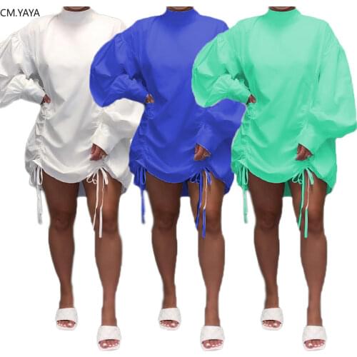 CM.YAYA Women Solid Lantern Long Sleeve Loose O-neck Stacked Tie Up Sweatshirts Dress Sexy Party Club Bandage Streetwear Dresses