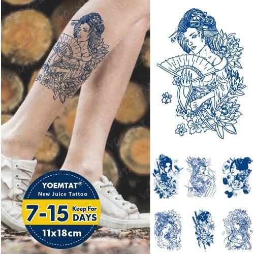 Juice Lasting Waterproof Temporary Tattoo Stickers Japanese Geisha Samurai Swordsman Flash Tattoos Ink Blue Body Art Fake Tatto
