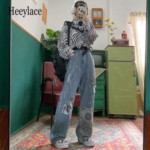 Street hip-hop handsome vintage wash water cashew flower paste BF boyfriend loose jeans pants men and women y2k pants