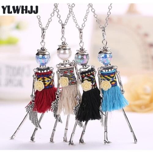 YLWHJJ brand new women doll cute long chain pendants girl blue tassel handmade flower necklace hot fashion statement jewelry