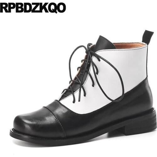 Genuine leather lace up plus size military women ankle boots 2019 round toe 11 flat black and white combat big shoes 10 booties