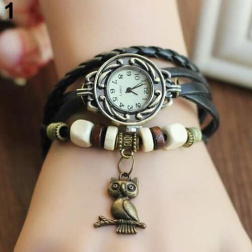Multicolor High Quality Women Owl Charm Braided Genuine Leather Vintage Quartz Dress Watch Bracelet Wristwatches women watches