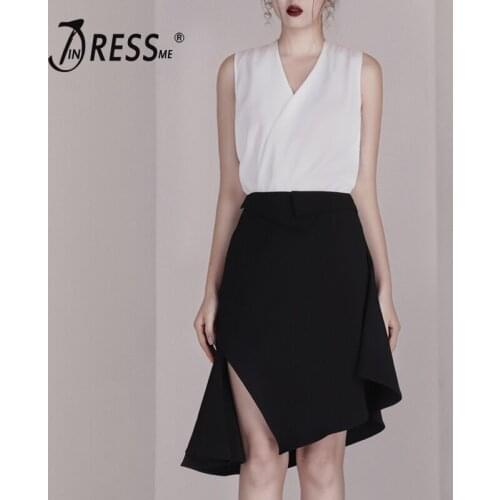 INDRESSME 2019 New Women Two Piece Sets Fashion V Neck Sleeveless White Top Sexy Office With Midi Black Skirt Casual Sets