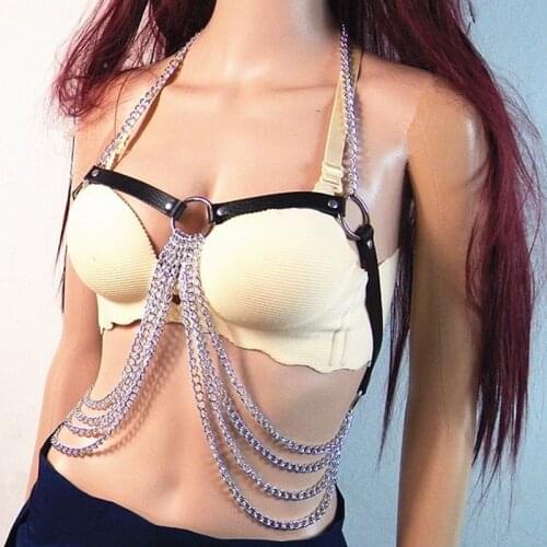 Women Bondage Body Harness Tank Tops Sexy Cupless Metal Chain Backless Leather Crop Top for Night Club Party Wear Bra Waist Belt