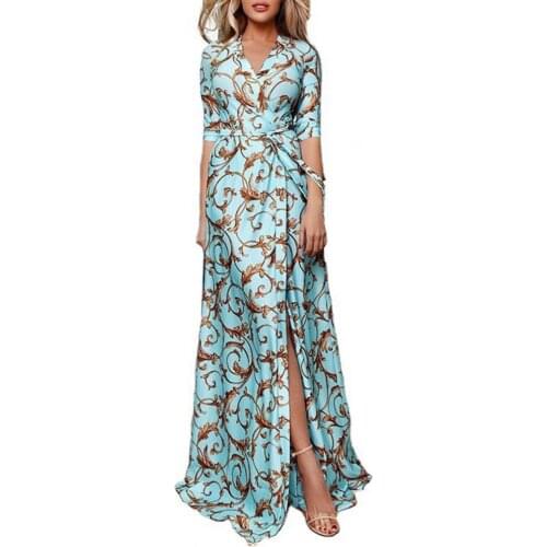 Elegant Women Maxi Dress Boho Printed V Neck 3/4 Sleeve Waist Tied Split A-Line Formal Dresses Evening Party