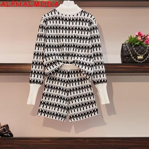 ALPHALMODA 2020 Fall New Retro Plaids Sweater Shorts 2pcs Set Long-sleeved Pullover Jumper Wide Leg Shorts Women Casual Clothes
