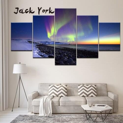 Canvas Painting snow mountain sea and Aurora 5 Pieces Wall Art Painting Modular Wallpapers Poster Print living room Home Decor