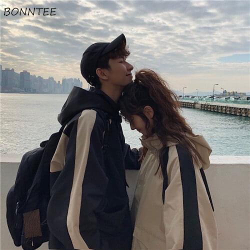Hooded Jackets Women Couple All-match Patchwork Unisex Outwear Fashion Pockets Zipper College Sweet Vintage Loose Spring Daily