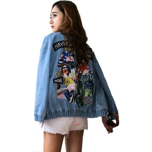 Autumn Women Bomber Jacket Embroidery Sequins patch Vintage Loose Denim Outwear Female nice travel fashion chic brand Coat