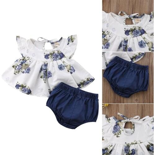 Newborn Baby Kids Girl Summer 2pcs Clothes Floral Short Sleeve Tops Dress Solid Color Shorts Pants Outfit