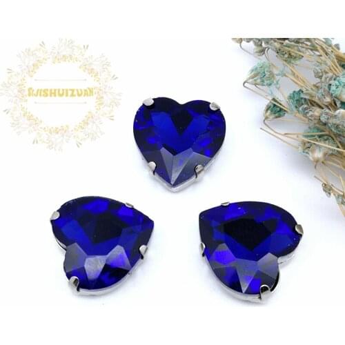 Best-selling! Sapphire blue heart shape Glass Crystal sew on rhinestones with four claw Diy Wedding dress and Shoes