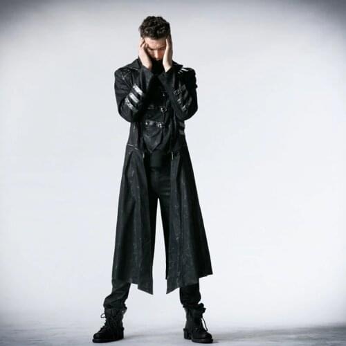 Black stretch twill fabric coat PUNK RAVE Y-364 calender Scorpion leather and removable hat
