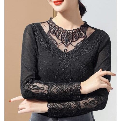 4XL Plus Size 2021 Autumn New Fashion Women Long Sleeve Atylish Lace Mesh Patchwork Floral T Shirt Casual Bottoming Tops