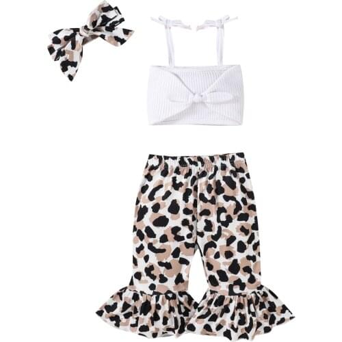 New Baby Girls Clothes Set, Solid Color Cropped Tops + Leopard Print Flared Trousers + Bow-knot Headband