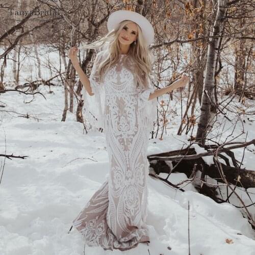 Nude Lining modern Lace Wedding Dresses Mermaid Flare Sleeve Tassel Boho Bridal Gowns Noivas Fashion DW250