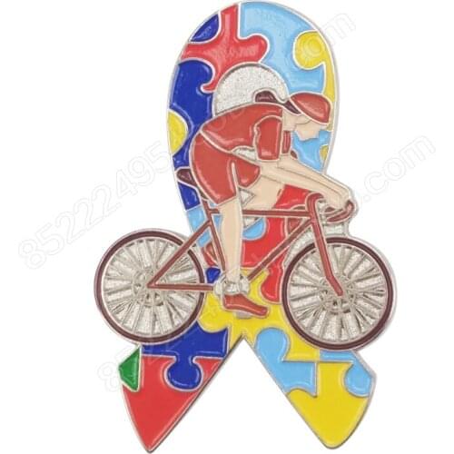 Autism Awareness Girl Bicycle Jigsaw Puzzle Ribbon Lapel Pins