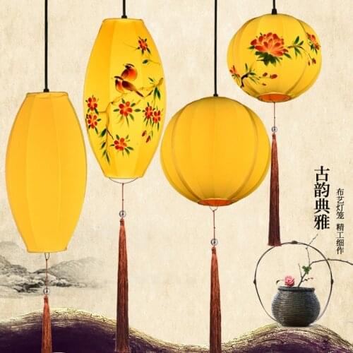 Chinese Style Lantern Hanging Lamp Fabric Hand-Painted Chinese Style Long round Restaurant Decoration Custom Lantern