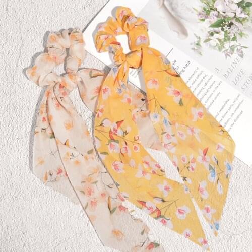 Retro Printing Hair Bands Women Elastic Hair Bow Long Ponytail Hair Ropes Fashion Removable Headdress Elegant Hair Accessories