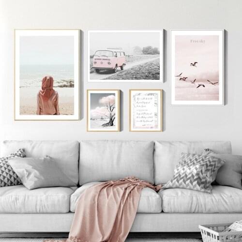 Pink Landscapes Seabird Girl Beach Wave Tree Car Living Room Decoration Painting Canvas Nordic Sofa Wall Picture Printing Poster