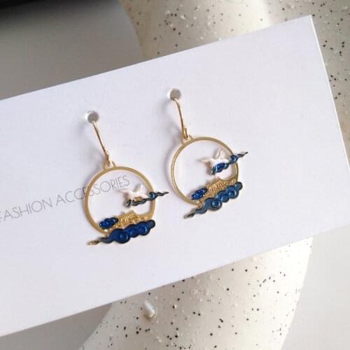 Chinese Style Retro Crane Clip Earrings Without Piercing Japanese Hollow Out Round Blue Cloud Crane Ear Clip No Hole Earrings