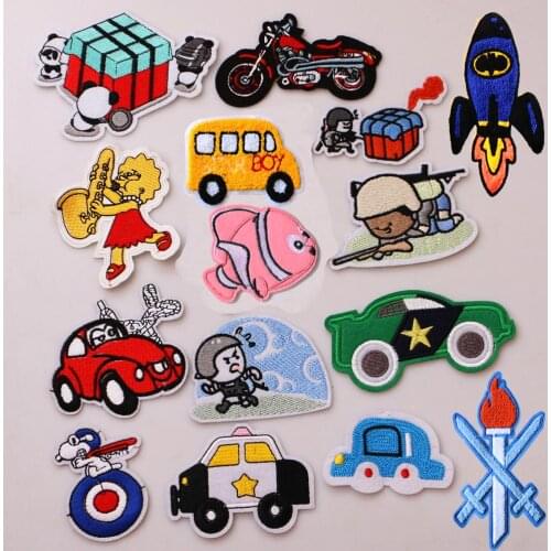 Cute cartoon Car Rocket Fish icon Embroidered Iron on Patches for Clothing DIY Stripes Clothes Patchwork Stickers Custom Badge