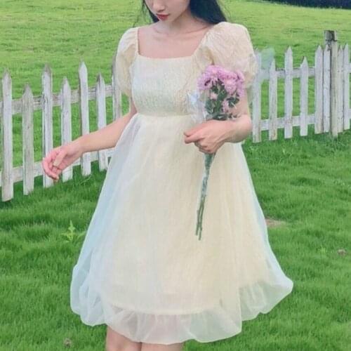 Japan Kawaii Sweet Lolita Maid Dress Women Cute Princess Bow Lace-up Dress Female Bubble Sleeve Casual Holiday Party Fairy Dress