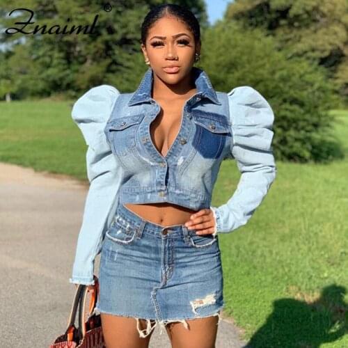 Znaiml Blue Cropped Denim Jackets Women Patchwork Puff Sleeve Button Vintage Coat Spring Autumn Streetwear Ripped Jean Outwear