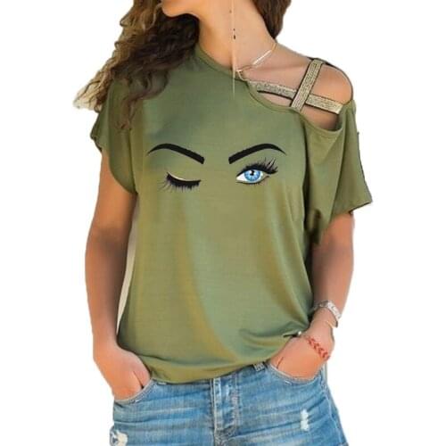 Ladies Princess Makeup Graphic Pink Eyelashes Print Art T Shirt Women Short Sleeve T-shirt Irregular Skew Cross Bandage Tee Tops