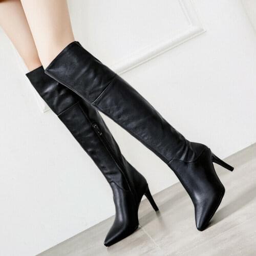 Over Knee Thigh High Boots Women Real Leather Pointed Toe Zipper Stiletto
