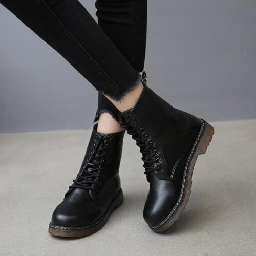 2020 new Size 35-40 Flat Platform Boots Women Shoes Autumn Winter Fur warm Round Toe Lace-up Leather Boots Ladies Shoes