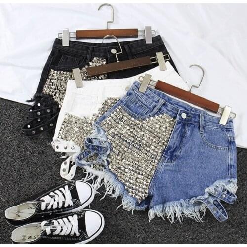 Sexy Women Rivet Denim Shorts hollow out 2020 New Summer Spring Women High Waist Jeans Shorts wide leg women hot shorts