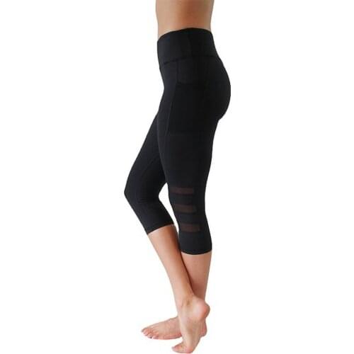 Women Cropped Yoga Tights Polyester With Pockets Lightweight Breathable Stretch Fitness Pants High Waist Mesh Stitching