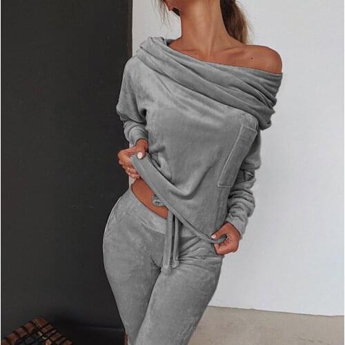 2021 Velvet 2 Piece Set Tracksuit Women Outfits Top Pant Trouser Suit Shoulder Matching Loose Warm Clothing