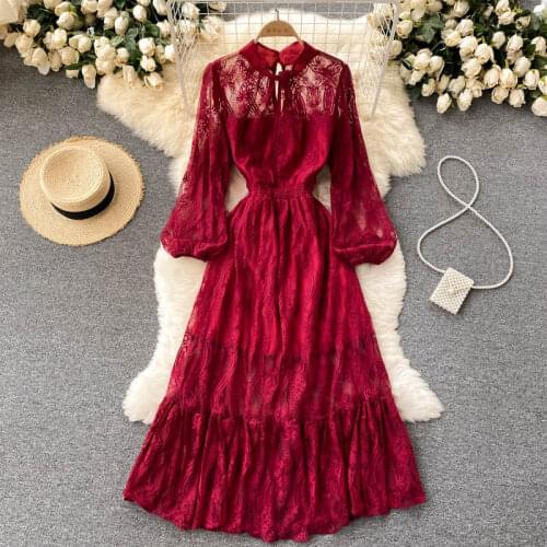 SINGREINY Women Elegant French Dress Sweet Puff Sleeve O Neck Lace A-line Dresses 2021 Autumn Fashion Streetwear Long Dress
