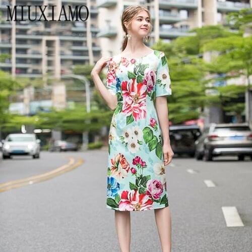 MIUXIMAO 2020 Summer Dress Newest Arrival Vintage Short Sleevel Flower Print Elegant Slim Runway Dress Women vestidos
