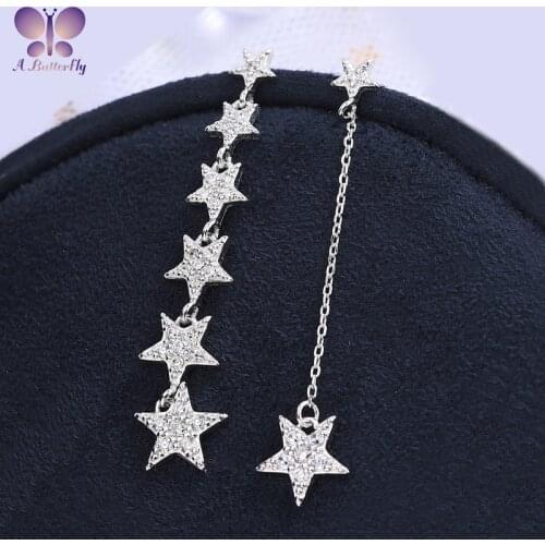 A Butterfly 925 Silver Simulation Diamond Star Earrings Five-pointed Star Tassel Asymmetric Earrings Party Wedding Jewelry