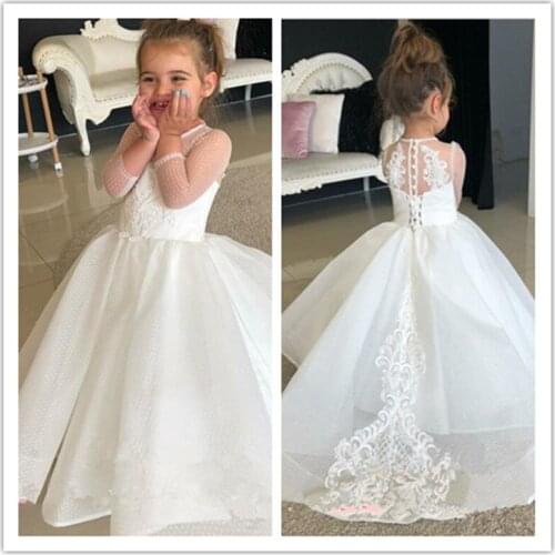 Princess Ball Gown 3/4 Sleeves Flower Girls Dresses Sheer Jewel Neck Organza Little Kids Formal Wedding Girls Pageant Dresses