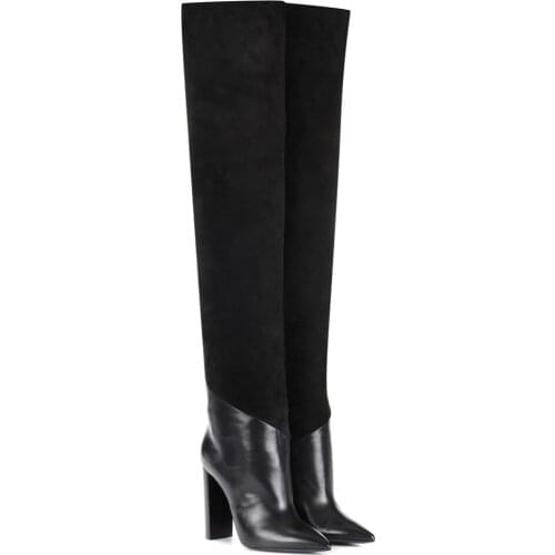 Black Pointed Toe Women Chunky High Heel Winter Over The Knee Long Boots Slip on Pointy Stylish Heeled Boot Plus Size 45