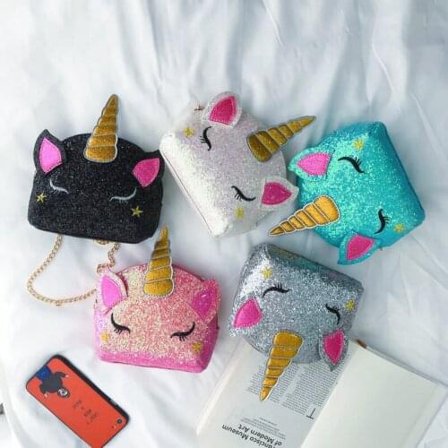 Kids Sparkle Lovely girl chain bag new cartoon Unicorn chain womens bag shoulder bag sequin ladys Cosmetic Bag KBG007