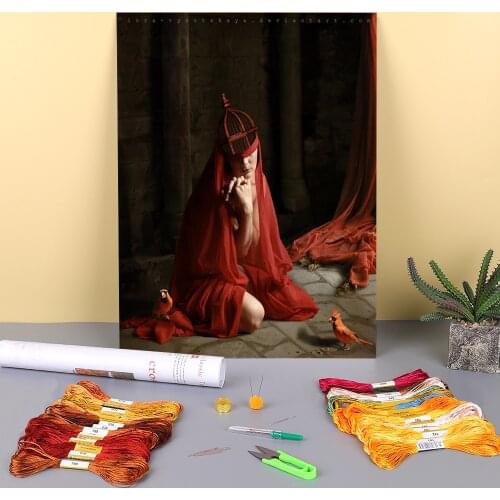 Woman Girl Pre-Printed 11CT Cross-Stitch Embroidery Set DMC Threads Hobby Handicraft Handiwork Craft Mulina Package