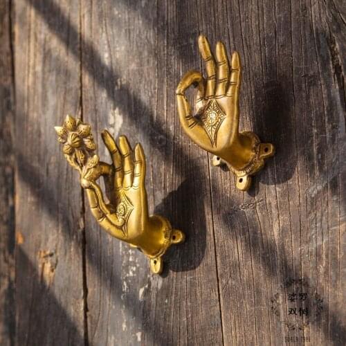 Buddha hand pure copper handmade indoor wooden door cabinet door handle Chinese surface mounted door pulls