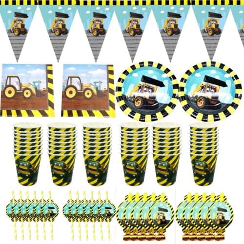 Excavator Theme Plates Straws Banner Boys Favors Birthday Party Cups Napkins Baby Shower Decorate Towel Blowouts 72pcs/lot