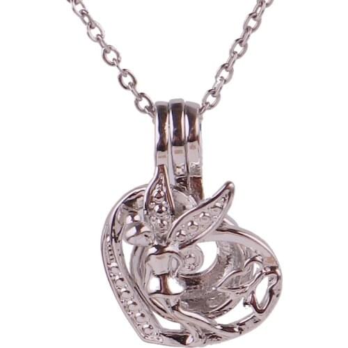 K1687 Dull Silver copper angel heart Bead Pearl Cage Aroma Essential Oil Diffuser Locket Necklace with stainless steel chain