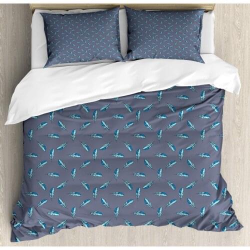 Feather Duvet Cover Set Pattern with Watercolor Plumage Floating 3 Piece Bedding Set Purpleblue Azure Blue