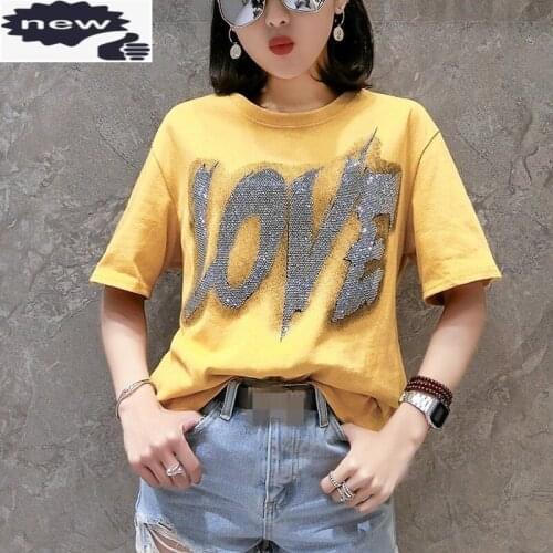 Casual Streetwear Summer New Brand Short Sleeve O-Neck Pullover Womens Tees Top Diamonds Letter Print Loose Fit Female T-Shirts