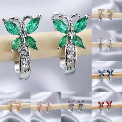 Trendy Female Rainbow Zircon Stone Earrings Cute Butterfly Small Clip Earrings For Women Rose Gold Silver Color Wedding Earrings
