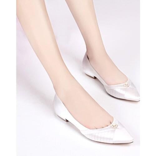 MorHermoso Womens Shoes Ballerinas Dansing Shoes Satin Bridal Wedding Shoes Pearl Pointed Toe Shoes